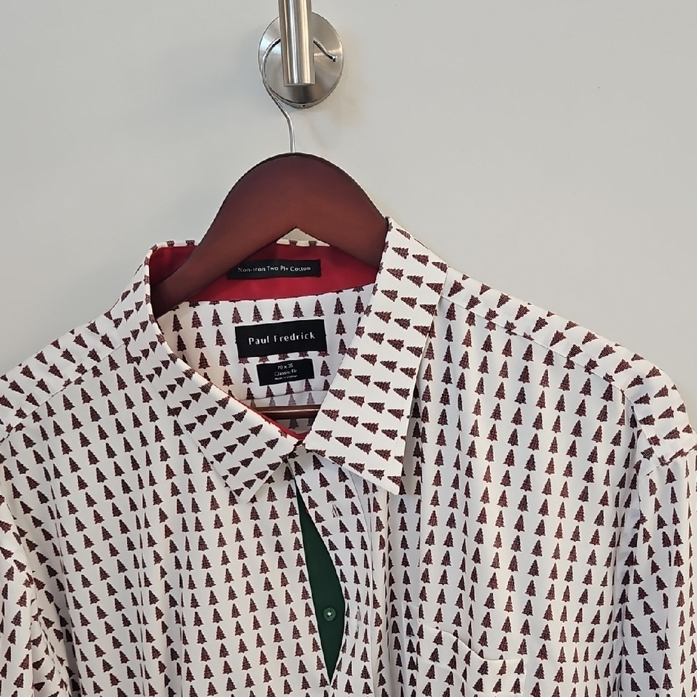Paul Fredrick White Shirt with Christmas Trees Red And Green Accent